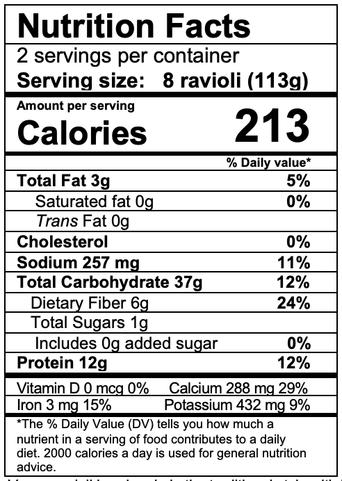 Nutrition facts panel for our vegan "cheez" ravioli